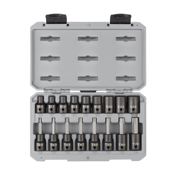1/2 Inch Drive Torx and External Star Impact Socket Set, 17-Piece (T30-T70, E10-E24)